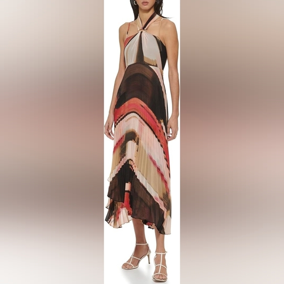DKNY Sleeveless Print Chiffon Pleated Halter Dress - NWOT - Picture 1 of 3
